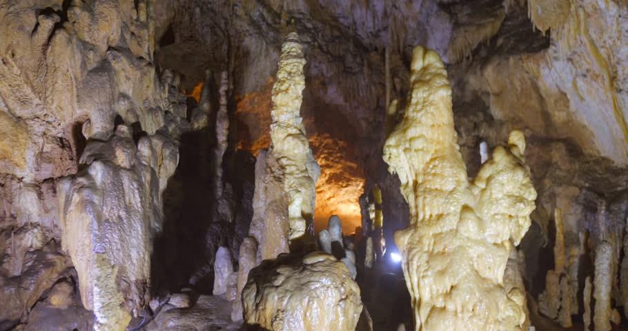 Underground Cave Formations With Stalactites And Stalagmites. Close-up Shot