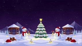  looping animation of a winter night scene. The landscape features a decorated Christmas tree in the center, flanked by two friendly snowmen wearing festive hats and scarves - Powered by Shutterstock - Get 15% off with code: PIKWIZARD15