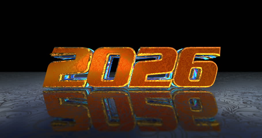 2026 new year 3d symbol spectacular. Abstract glowing golden metal icon animation.