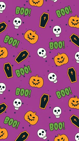 Vertical looping Halloween animation with pumpkins, skulls, coffins, and “Boo!” text on purple background. Perfect for spooky party themes, seasonal content, and festive social media videos.