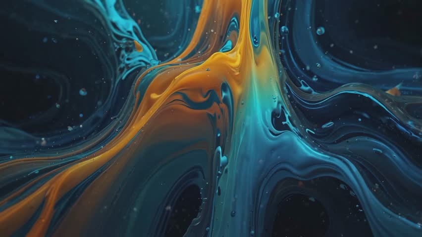 A stunning abstract art piece featuring a mix of dark blue, light blue, and golden yellow. The dynamic, undulating flow of the liquid creates a powerful sense of movement, as if two different forces 