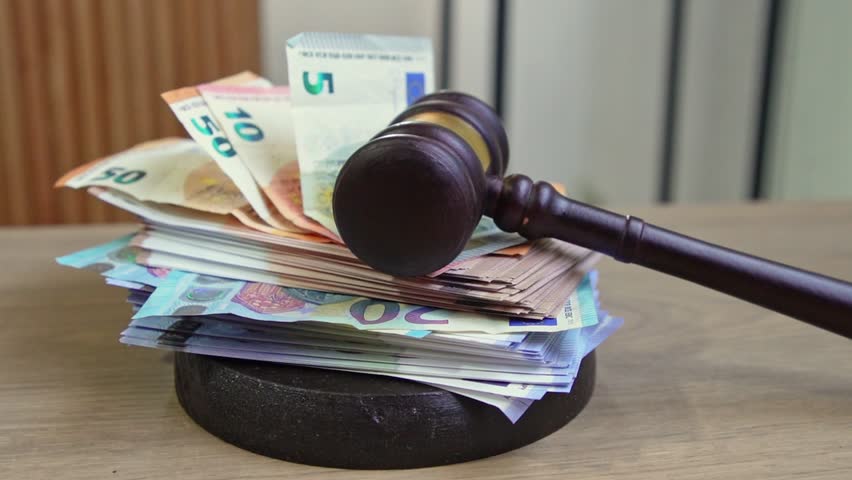 A judge's gavel lies on top of a stack of euro banknotes. The concept of corruption, bribery, financial crimes, monetary punishment in the legal court system. The end of the circulation of effective 