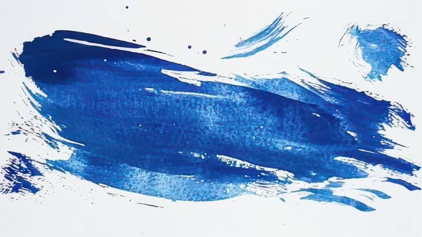Watercolor animated texture with vivid cobalt blue brush strokes on white, textured paper details, splattered droplets, bold minimal art style, abstract paint design, grunge overlay background loop
