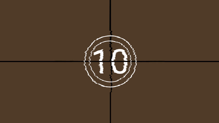 10 second Countdown glitch Classic film countdown showing number 10-0 inside double circles with crosshair lines on a brown background, perfect for vintage cinema, retro intros, and old movie reel eff