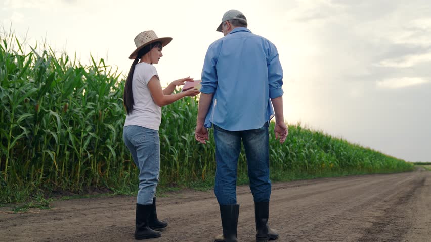 Farmers woman man teamwork in corn field. Agricultural industry. Farmers man woman with digital tablet inspecting crops in corn field. Digital technologies in agriculture. Business people growing corn