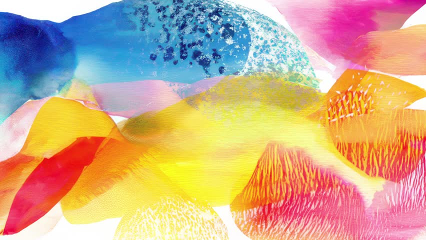 Watercolor animated texture featuring sky-blue and teal washes merging with golden yellow, coral and magenta fields, speckled stipple details and gentle grain, bright abstract art, grunge overlay
