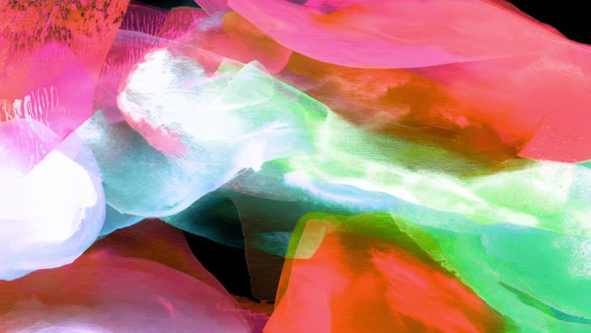 Watercolor animated texture of ethereal translucent veils in mint aqua and white drifting over warm coral, tangerine and magenta washes, silky paint diffusion, soft paper texture, grunge overlay