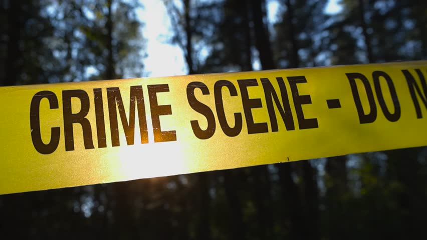 Close up low angle view ofa yellow police line Crime Scene tape backlit by sunlight in a dark and sunny forest with blue sky visible in the background. Forensics investigation tape is in sharp focus.