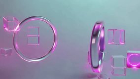 Futuristic 3D rendering of glowing pink and purple neon rings and cubes on a reflective surface, geometric background - Powered by Shutterstock - Get 15% off with code: PIKWIZARD15