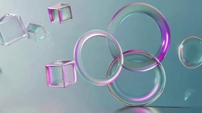Abstract 3D rendering of floating iridescent glass cubes and rings on a soft blue background, a futuristic geometric composition - Powered by Shutterstock - Get 15% off with code: PIKWIZARD15