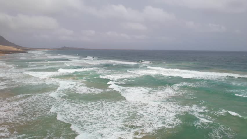 CAPE VERDE - 8.20.2025 - Fantastic aerial panorama from the ocean to the coastline of Sao Vicente, Cape Verde.