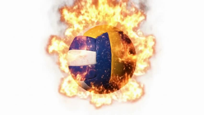 4K animation of a volleyball spinning with bright flames, glowing sparks and heat distortion. Isolated on pure white background in cinematic action style. Perfect for sports promos and ads.