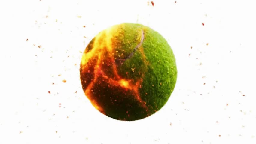 4K animation of a neon green tennis ball spinning with flames and glowing embers. Isolated on bright white background in cinematic action style. Great for sports promos, ads and energetic visuals.