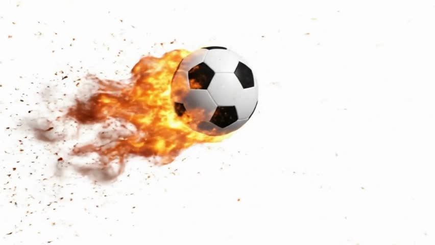 4K animation of a black and white soccer ball flying with blazing fire trails and glowing embers. Isolated on white background in cinematic action style. Great for sports visuals and promos.