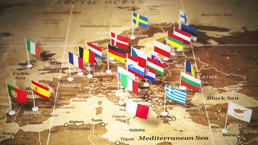 Vintage European Union EU map with members countries flags. 3d animation. 3D Illustration