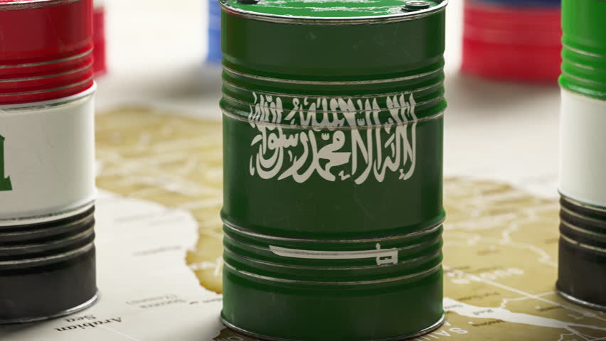 OPEC members countries flags on a crude oil barrels. 3d animation. 3D Illustration