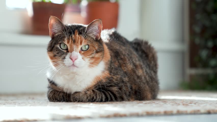 Calm, relaxed tricolor cat with loaf position sitting on jute rug at home, close-up. Calico kitty rest on floor, wagging its tail, looking at camera. Life of pets. 