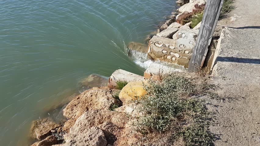 Torrents of water rush through floodgates in the Carboneros marshes, Chiclana de la Frontera, Cádiz, Spain. A dynamic scene of nature, flow, and hydraulic infrastructure.