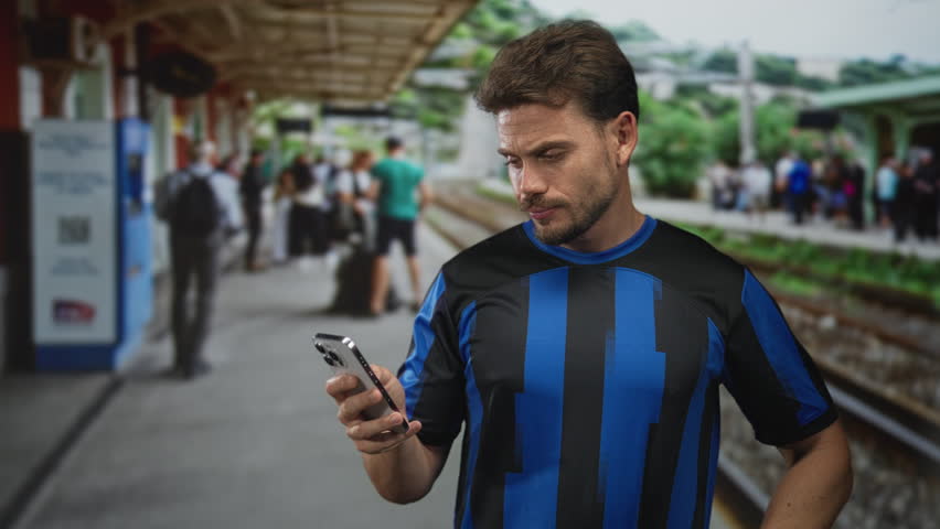 Man holding smartphone and rubbing his eye on a train platform building while checking messages; tired commute. - Powered by Shutterstock - Get 15% off with code: PIKWIZARD15