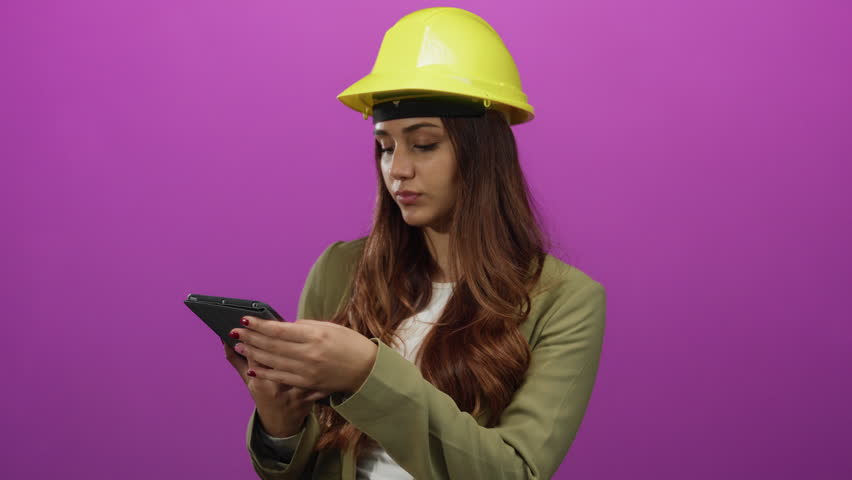 Young woman architect uses a tablet, wearing a yellow hard hat, set against an isolated vibrant pink background, reflecting modern engineering and professional focus. - Powered by Shutterstock - Get 15% off with code: PIKWIZARD15