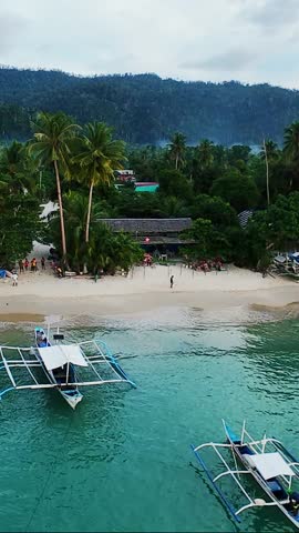 Vertical screen tropical beach with bangka boats docked by shore and palm trees in Palawan, Philippines