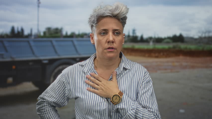 Woman with short hair wearing striped shirt and hand on chest next to truck in front of building; distress.