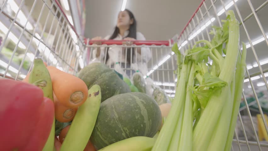 Close up view from inside shopping cart filled with colorful fresh vegetables from produce section, healthy lifestyle grocery shopping, organic nutrition food choice, wellness diet and balance