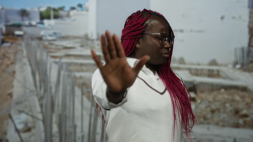 Woman with glasses and red braids gesturing stop at construction site outdoors with blurred background