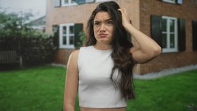 Woman in white top touching her forehead and placing one hand on her hip in front of a brick building outdoors; thinking. - Powered by Shutterstock - Get 15% off with code: PIKWIZARD15