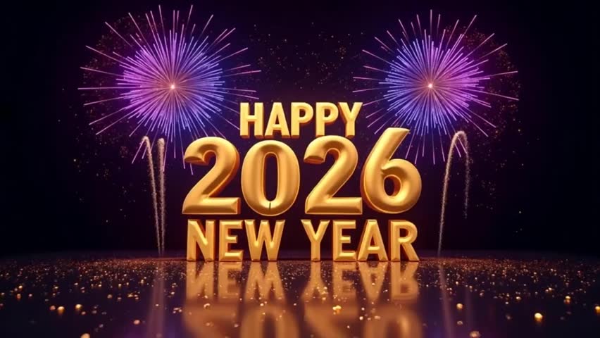 Celebrate the grand arrival of 2026 with a dazzling golden New Year theme featuring sparkling fireworks, vibrant countdown moments, and a festive anniversary event atmosphere. Perfect for holiday part