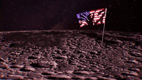 USA flag waving on the moon’s rocky surface. Concept of space exploration, lunar landing, and future colonization of outer space. - Powered by Shutterstock - Get 15% off with code: PIKWIZARD15