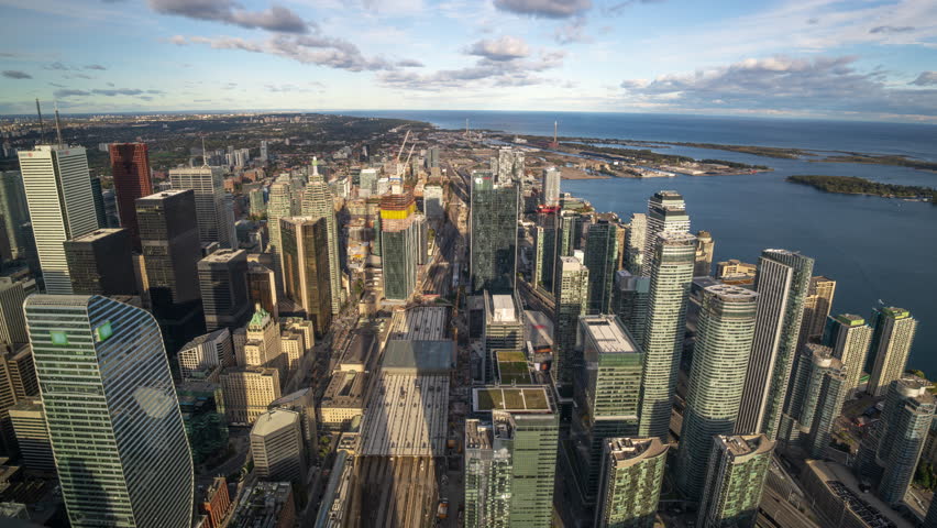 Toronto, Ontario, Canada downtown cityscape time lapse from above.