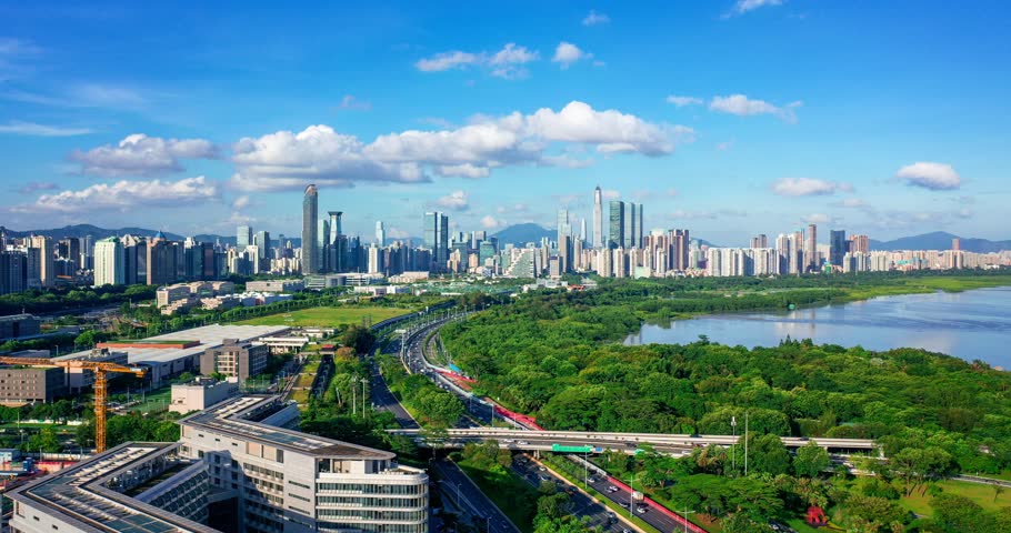 Aerial view of high-rise buildings in Futian District, Shenzhen, Guangdong, China ，