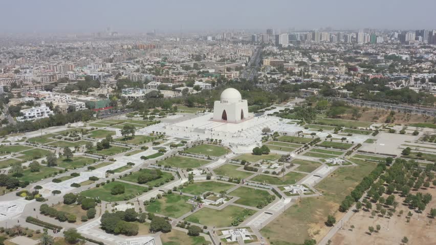 Aerial drone footage of Mazar-e-Quaid, the mausoleum of Muhammad Ali Jinnah, founder of Pakistan. Located in Karachi, Pakistan