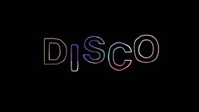Neon outline animated text with the word “Disco” in colorful gradient lines on a black background. Perfect for party themes, dance videos, music events, retro visuals, and nightlife content. - Powered by Shutterstock - Get 15% off with code: PIKWIZARD15