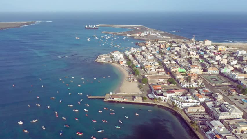 Breathtaking aerial view of Boa Vista Island, Cape Verde. Capturing pristine beaches, turquoise waters, sand dunes, and the island’s natural beauty. Perfect for travel, nature, and coastal scenery 