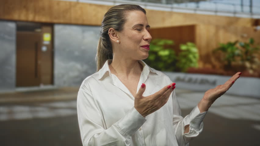 Middle age blonde woman smiles and presents open palms at house entrance building outdoors; warm welcome.