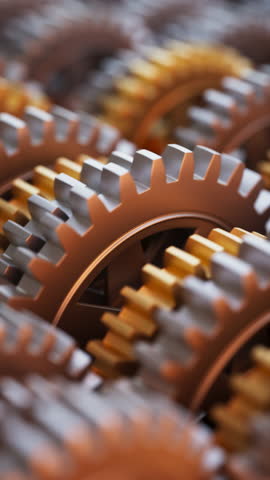 Seamless looping 3D animation of rotating interlocking gears, showcasing precision engineering, metallic textures, and industrial design.