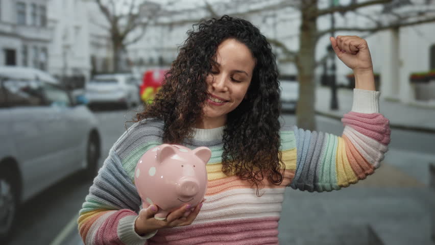 Young hispanic woman outdoors confidently holding a pink piggy bank and flexing her arm on a city street.