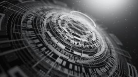 Futuristic digital interface with abstract circular HUD elements in black and white. High Tech Sci Fi background for technology, innovation, and virtual reality concepts. Seamless looping animation. - Powered by Shutterstock - Get 15% off with code: PIKWIZARD15