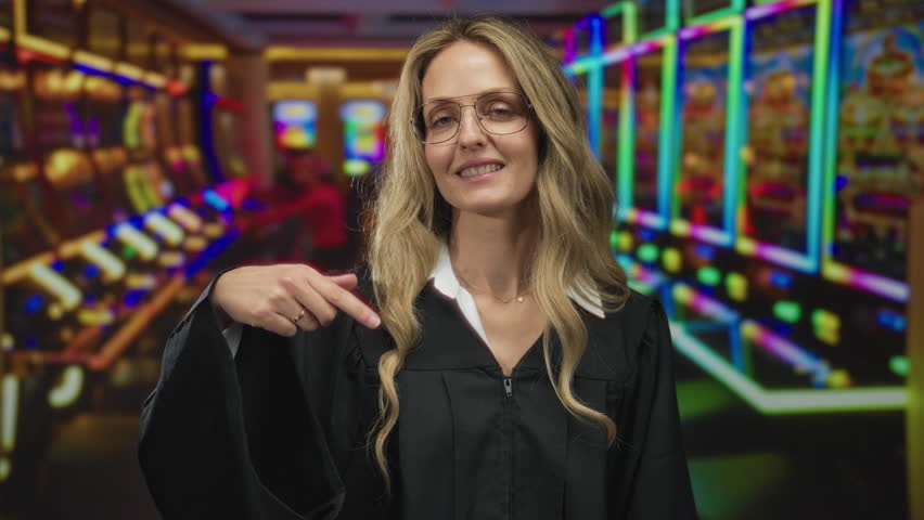 Woman finger pointing in a casino shows a young blonde judge wearing uniform beside a slot machine.