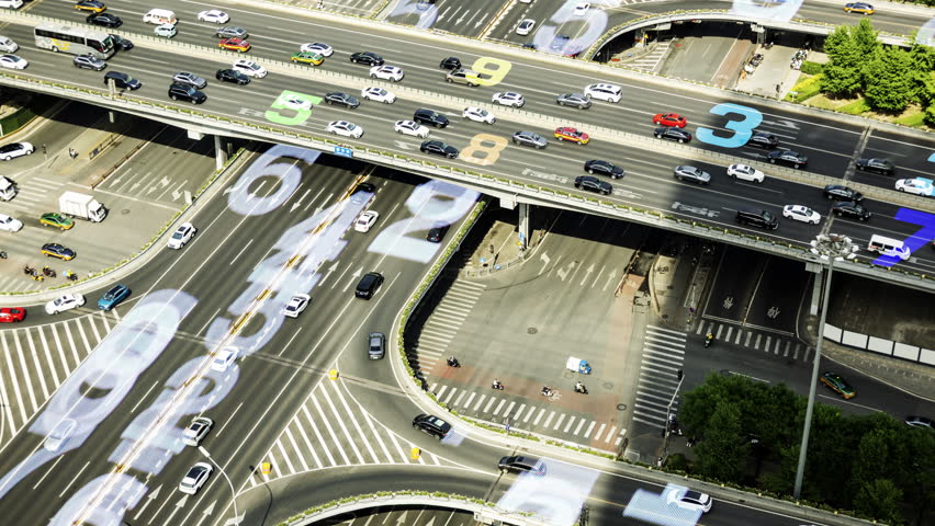 Beijing busy traffic junction with overlayed copmuter code and data surveillance 