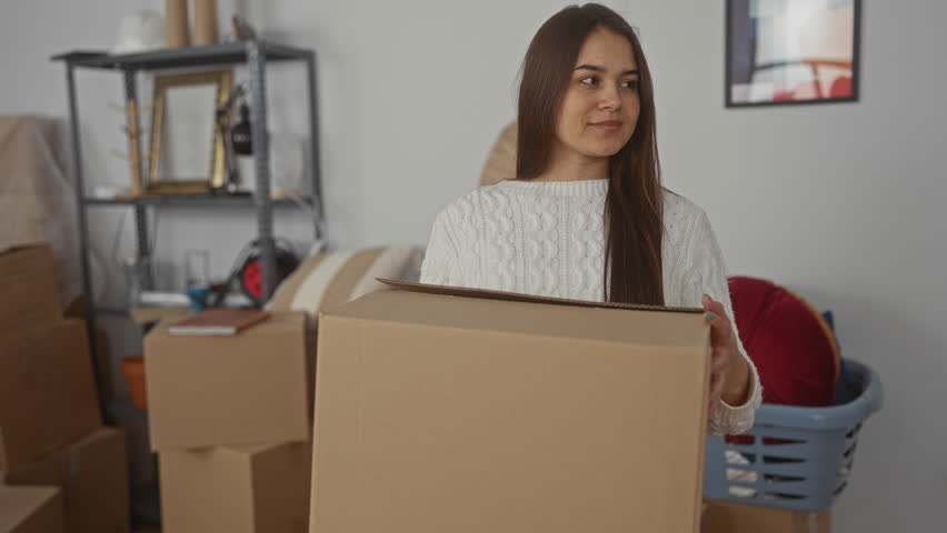 Young woman with long hair holding a cardboard box in the living room of a new apartment surrounded by unpacked moving boxes and shelves.