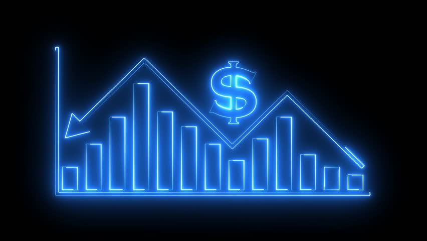 glowing neon blue color business graph with dollar sign icon animation business report presentation growth bar chart line finance marketing us currency profit arrow on black background