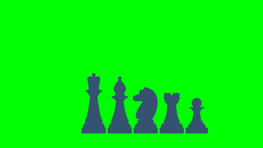 Chess pieces. King, queen, bishop, pawn, knight, knight, rook. Icon set. Board game. Black silhouettes. King chess piece falls from above. Outline set of chess icons. 2D flat animation. Alpha channel
