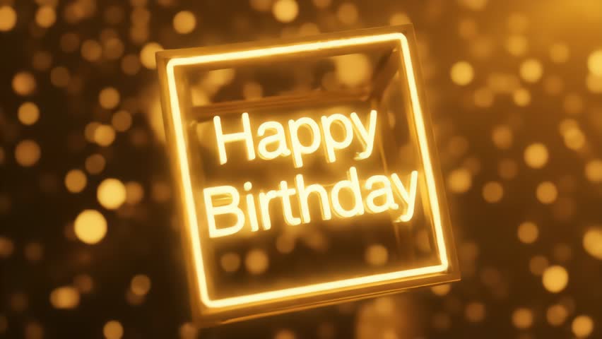 Golden light illuminates a 'Happy Birthday' neon sign inside a square frame, set against a dark background with bokeh circles, creating a festive atmosphere.