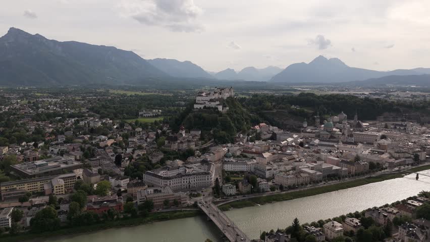 An Aerial View of Salzburg Featuring Scenic Mountains, a Beautiful River, and Lovely Nature