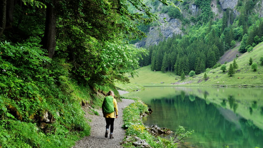 The Serene Lake Trail, featuring a dedicated hiker amidst a lush green forest environment