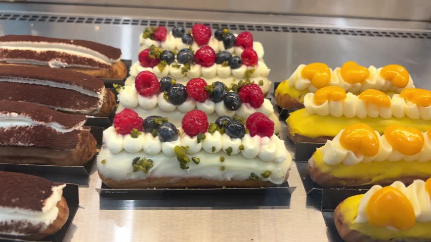 Cakes and desserts in the cafe window