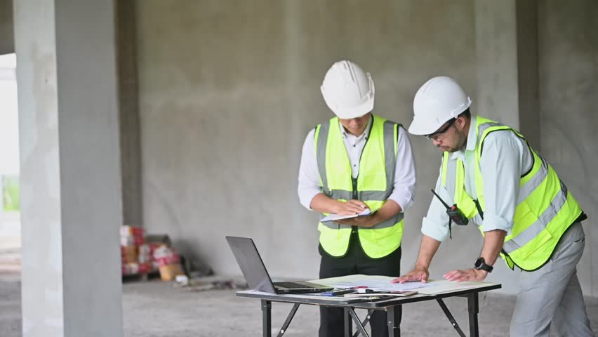 Two male engineers are inspecting the building construction plans and the progress of construction